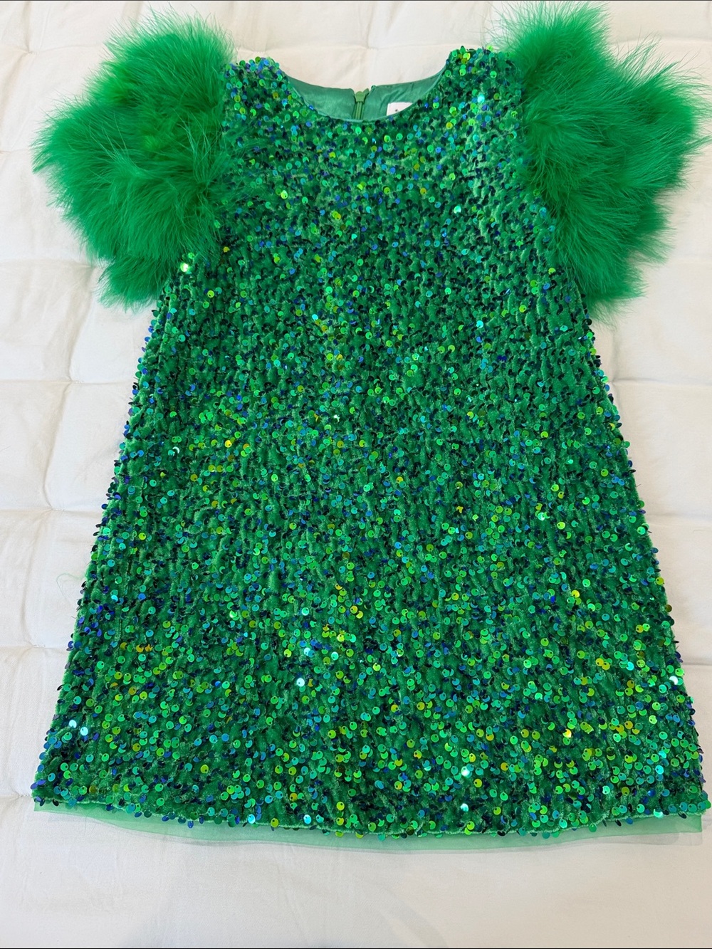 Lola & the boys :Green Sequin Dress with Feathered Sleeves